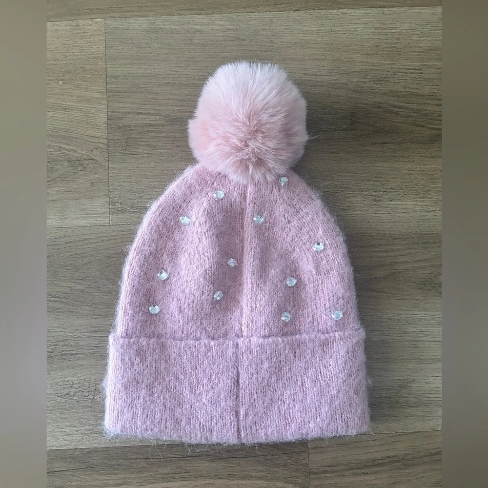 Kids Pink Rhinestone Knit Beanie with Pom – One Size NWT